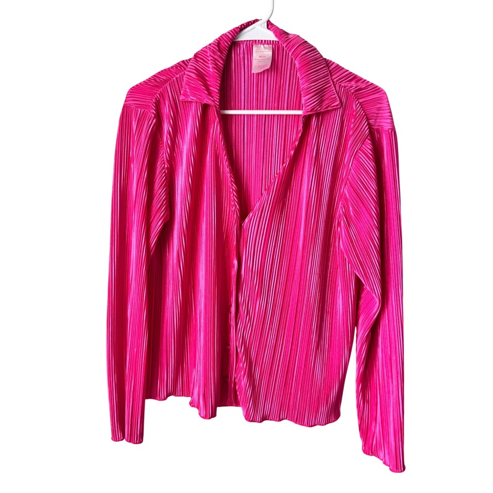 No Boundaries Womens Hot Pink Plisse Pleated Button Down Shirt XS 1 Long‎ Sleeve